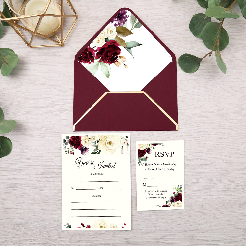 Pocket Burgundy Wedding Invitations Greeting Cards - DorisHome