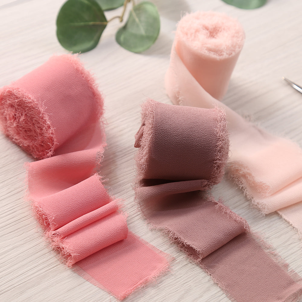 Handmade Fringe Chiffon Silk-Like Ribbon 2" x 7Yd Set of 3 Rolls Ribbons for Wedding Invitations, Bouquets, Gift Wrapping (3 Rolls Dusty Rose/Mauve/Pink) - DorisHome