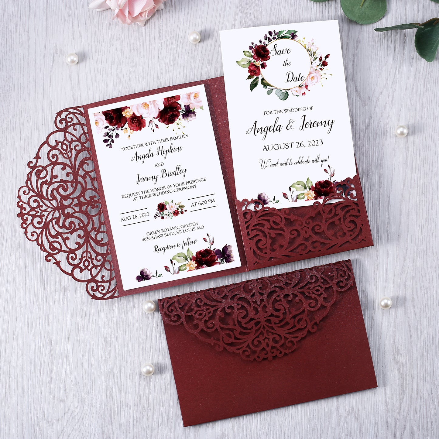 4.7 x7 inch Burgundy Laser Cut Hollow Rose Wedding Invitations Cards with Envelopes for Wedding Party - DorisHome