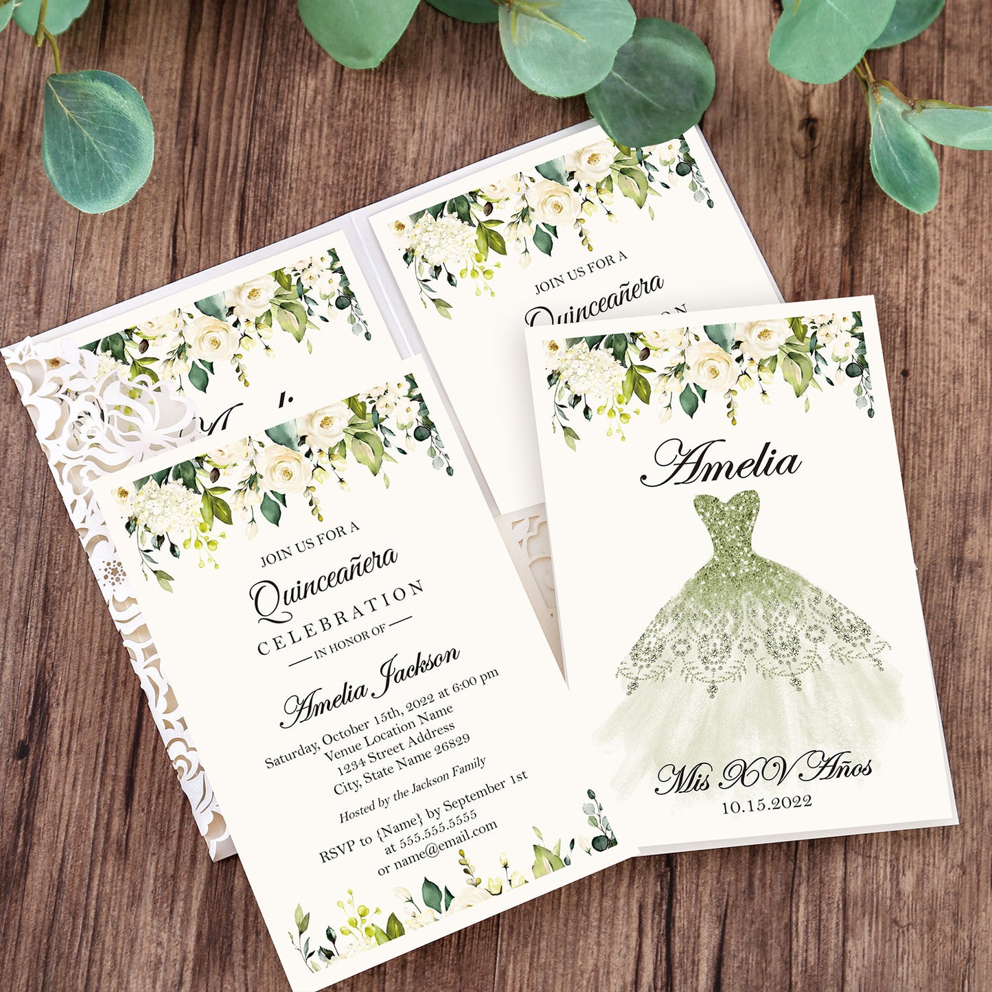 White Floral Laser cut invitation cards for Quinceanera