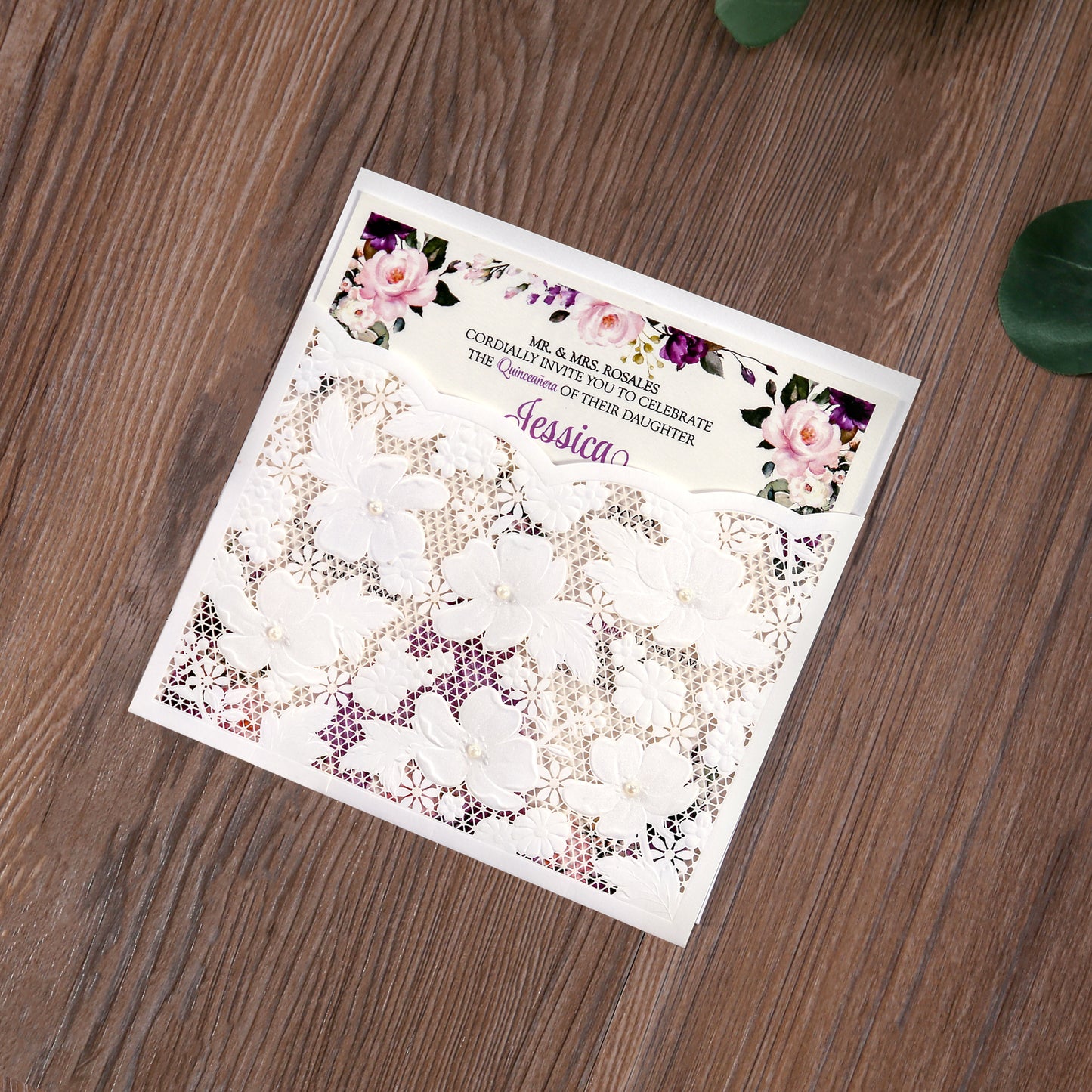 Ivory White Small Pearl Lace Invitations with Purple Design for Quinceanera