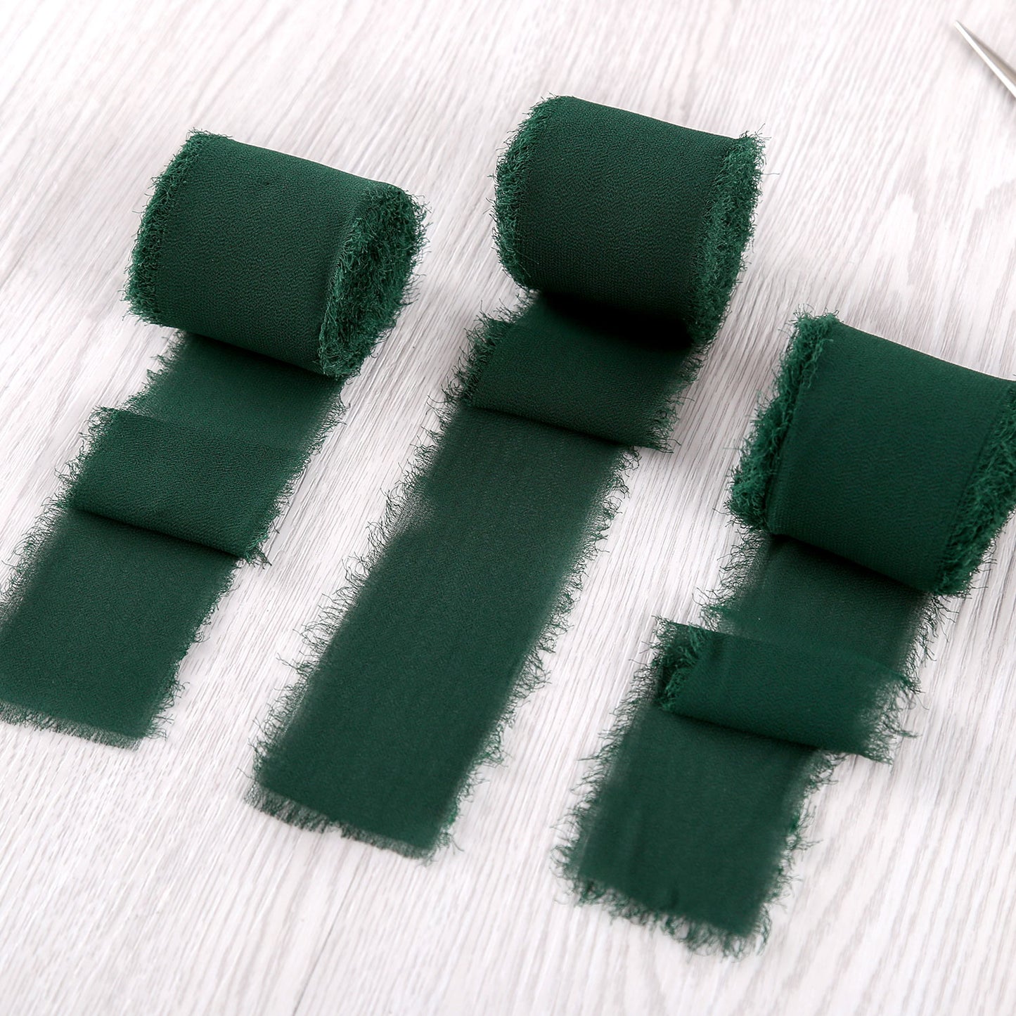 Handmade Fringe Chiffon Silk-Like Ribbon 2" x 7Yd Set of 3 Rolls Ribbons for Wedding Invitations, Bouquets, Gift Wrapping (3 Rolls Dark Green)