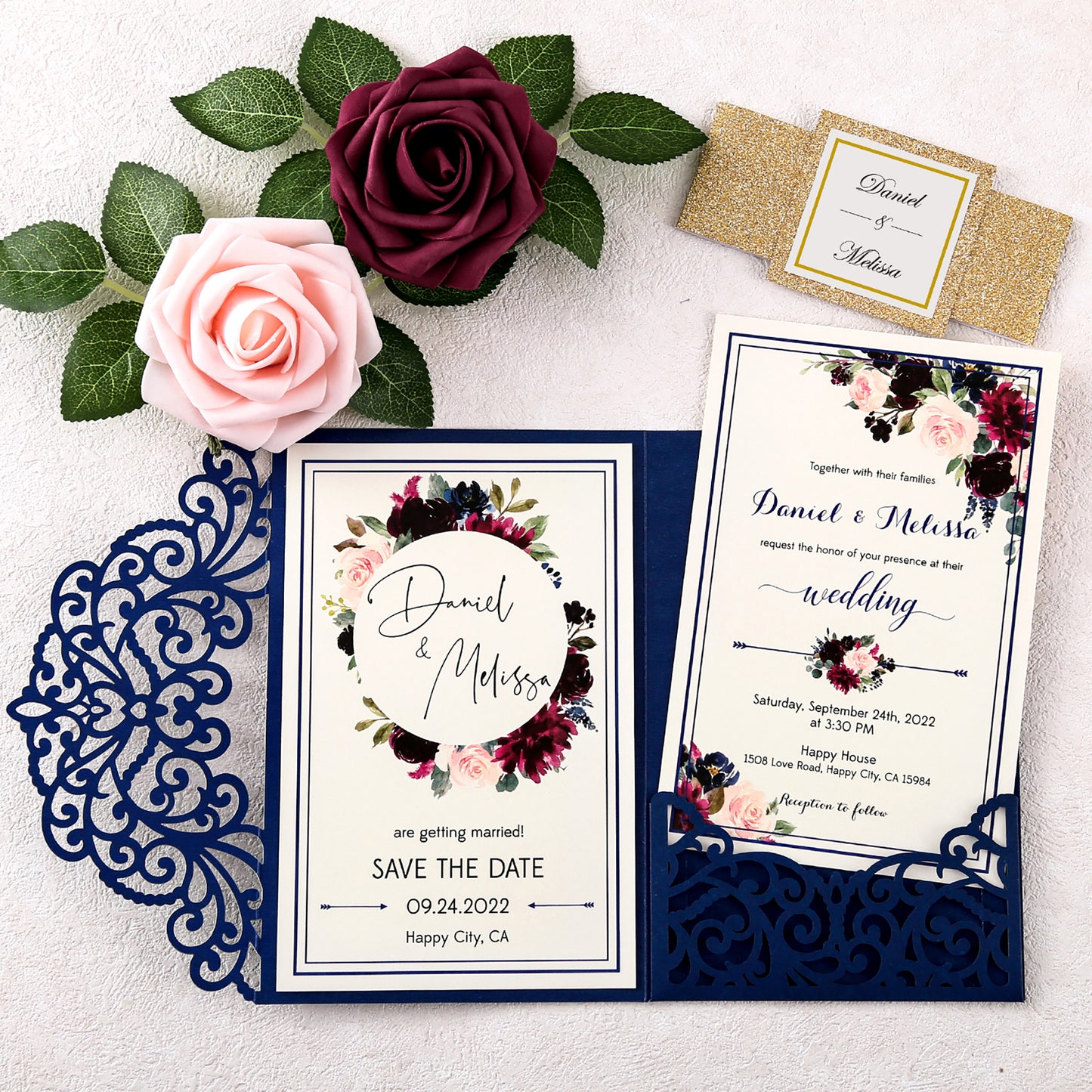 DreamBuilt 4.7 x7 inch Navy Blue Laser Cut Wedding Invitations With Envelopes Kit Hollow Rose Pocket And Gold Glitter Belly Band for Wedding Bridal Shower Engagement Invite