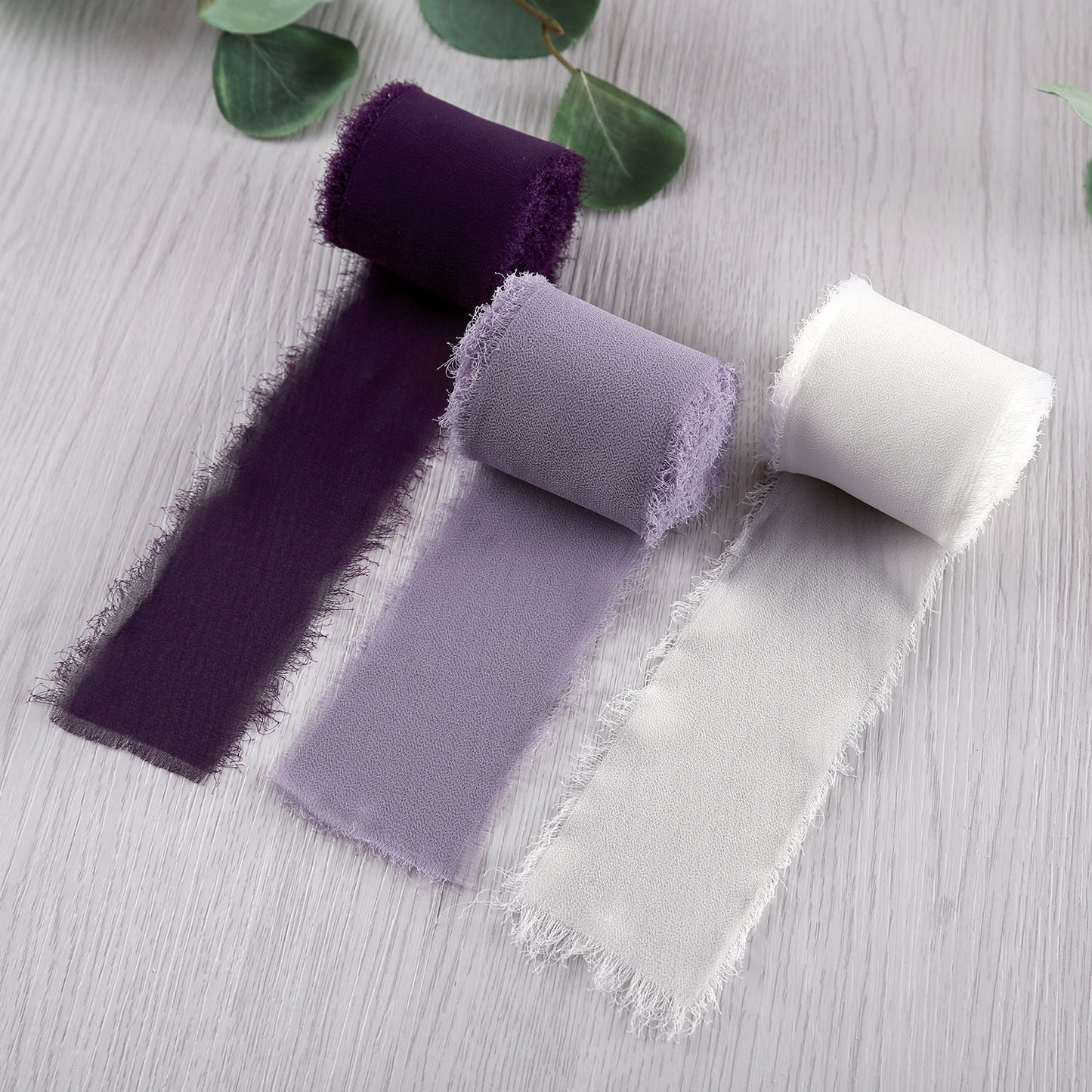 Handmade Fringe Chiffon Silk-Like Ribbon 2" x 7Yd Set of 3 Rolls Ribbons for Wedding Invitations, Bouquets, Gift Wrapping (3 Rolls Plum/Pastel Purple/Ivory)