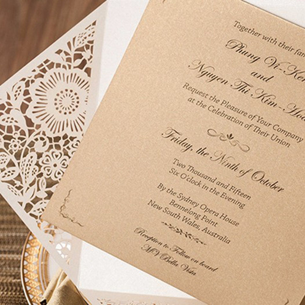 Square Gold Lase-cut Lace Flower Pattern Wedding Invitations - DorisHome