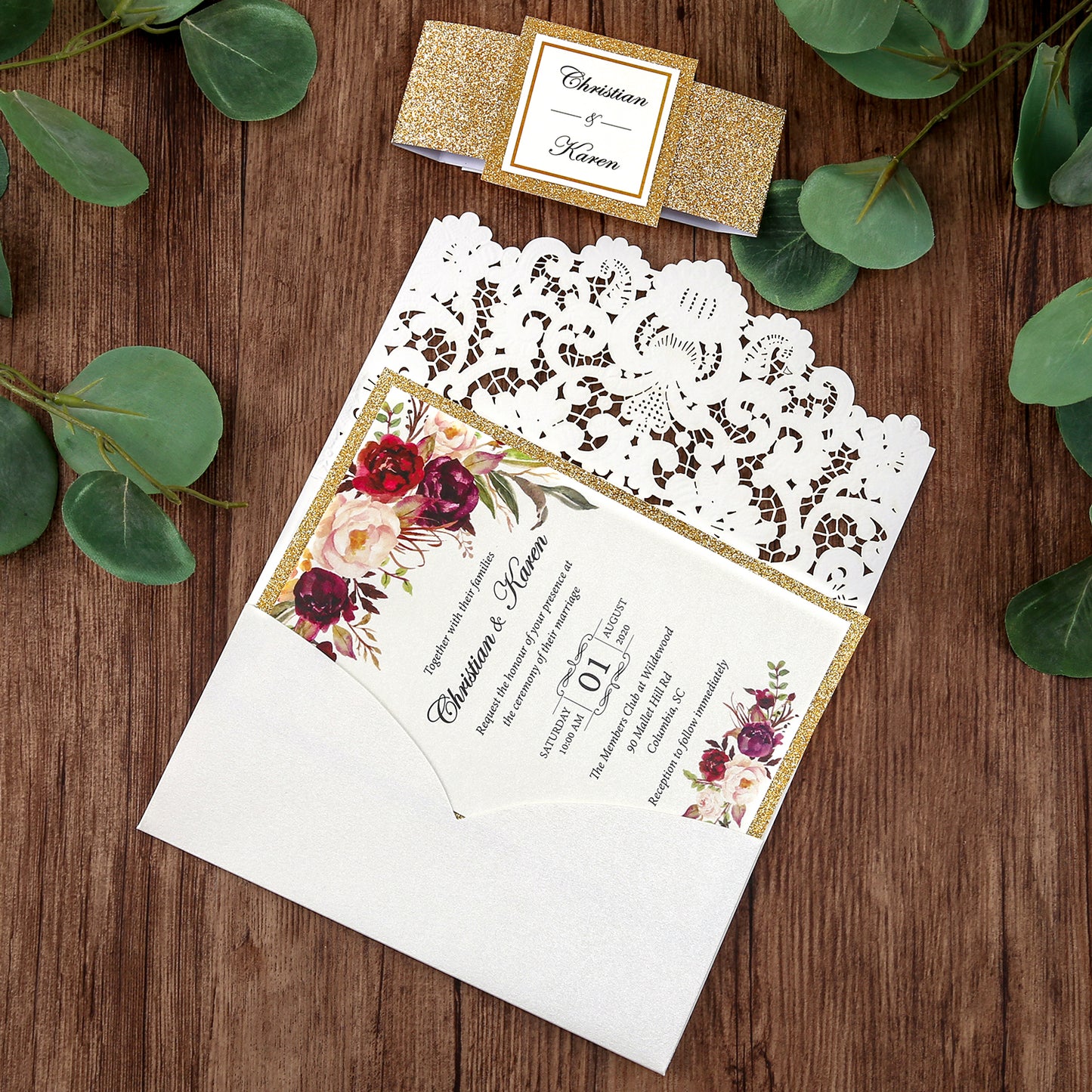 White Hollow Flora Laser Cut Invitations with Gold Glitter Border and Glitter Belly Band for wedding,bridal shower