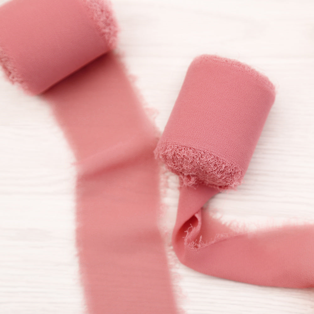Handmade Fringe Chiffon Silk-Like Ribbon 2" x 7Yd Set of 3 Rolls Ribbons for Wedding Invitations, Bouquets, Gift Wrapping (3 Rolls Dusty Rose) - DorisHome