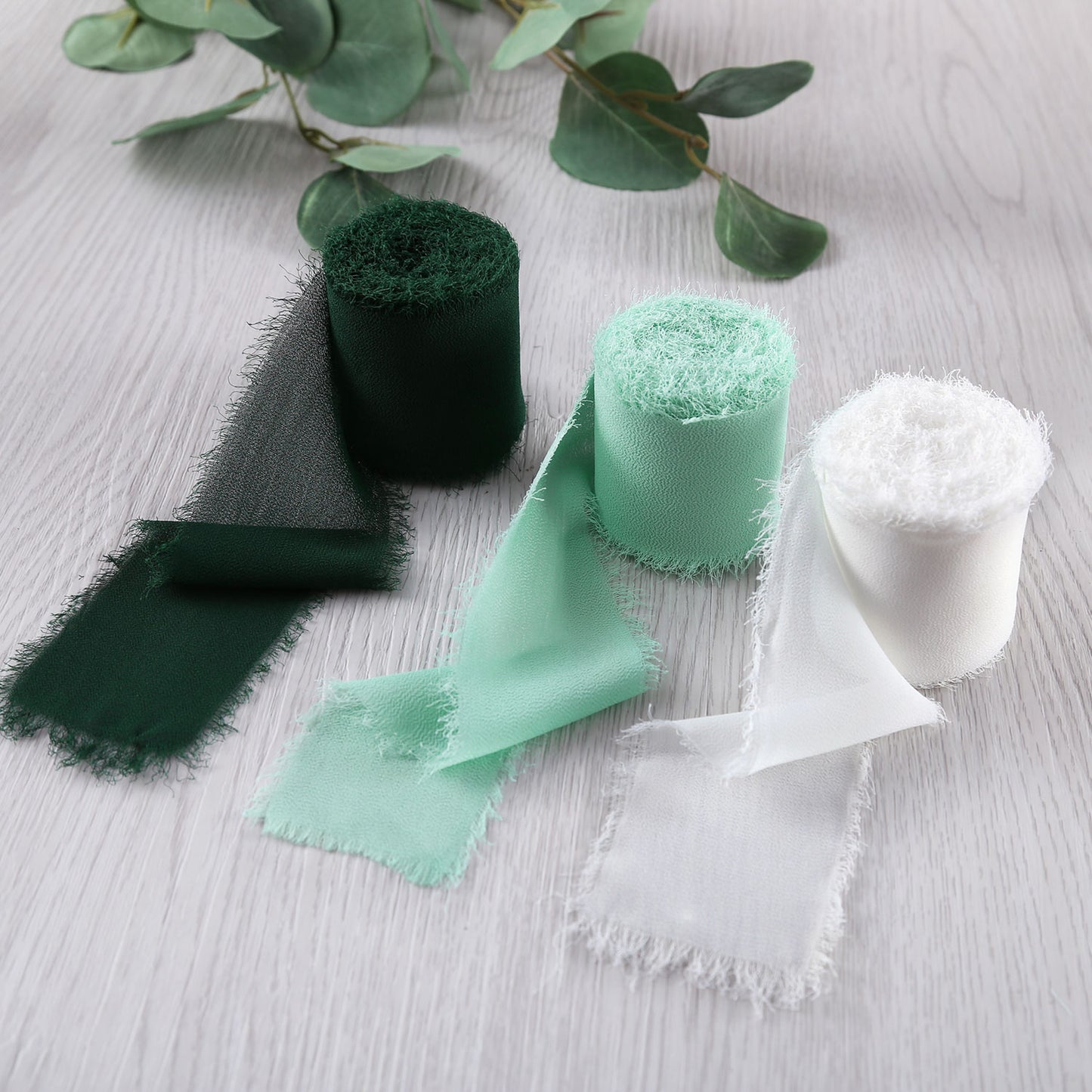 Handmade Fringe Chiffon Silk-Like Ribbon 2" x 7Yd Set of 3 Rolls Ribbons for Wedding Invitations, Bouquets, Gift Wrapping (3 Rolls Dark Green/Mint/Ivory)