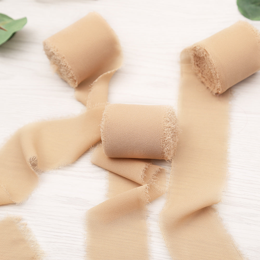 Handmade Fringe Chiffon Silk-Like Ribbon 2" x 7Yd Set of 3 Rolls Ribbons for Wedding Invitations, Bouquets, Gift Wrapping (3 Rolls Nude) - DorisHome
