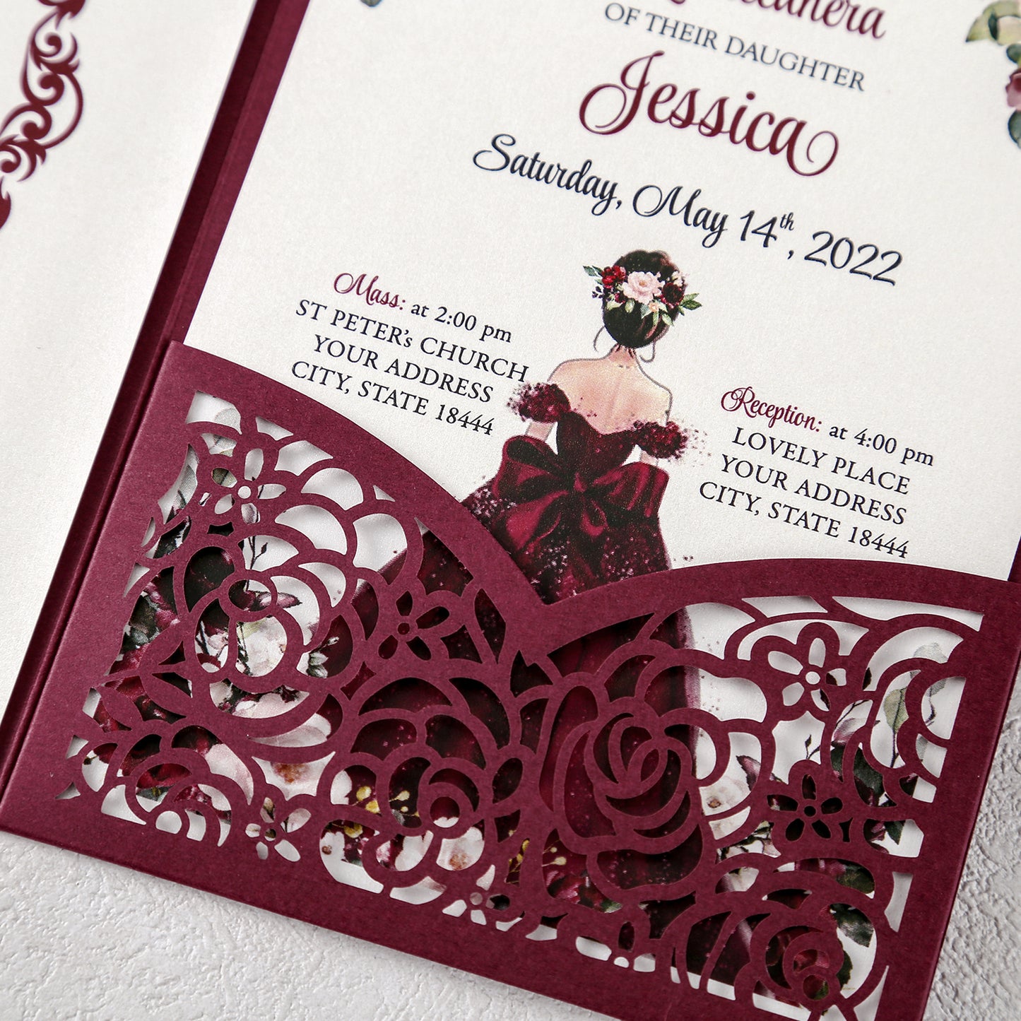 DreamBuilt 4.7 x7 inch Burgundy Laser Cut Hollow Rose Quinceanera Invitations Cards with Burgundy Pockets and Envelopes for Quinceanera Invite