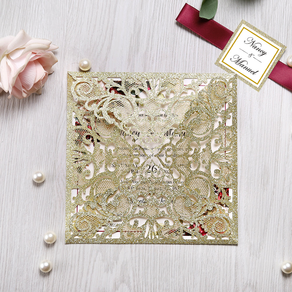 Square Glitter Gold Wedding Invitations with Burgundy Ribbon Belly Band for Wedding - DorisHome
