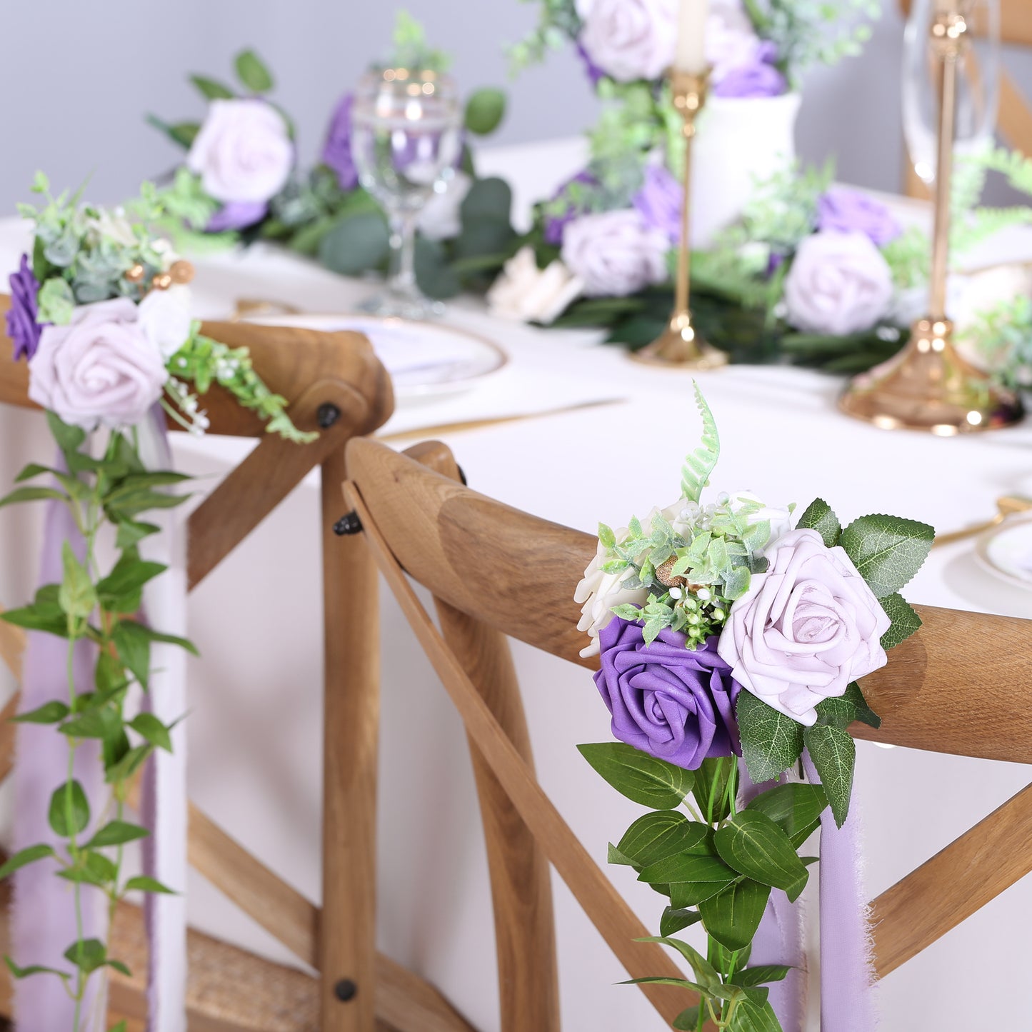 Wedding Aisle Decorations Purple Pew Flowers Set of 10 for Wedding Ceremony Party Chair Decor with Artificial Flowers Eucalyptus and Ribbons