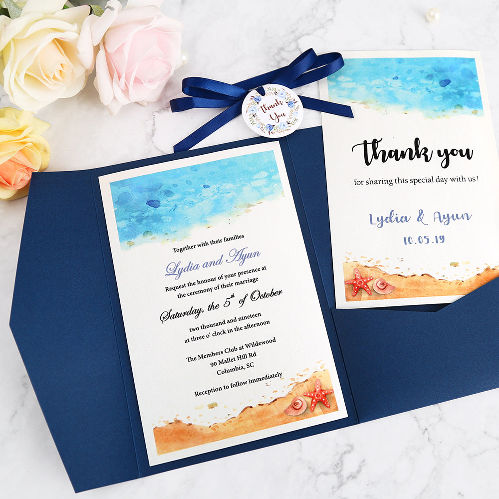 Pocket Blue Wedding Invitations Greeting Cards - DorisHome