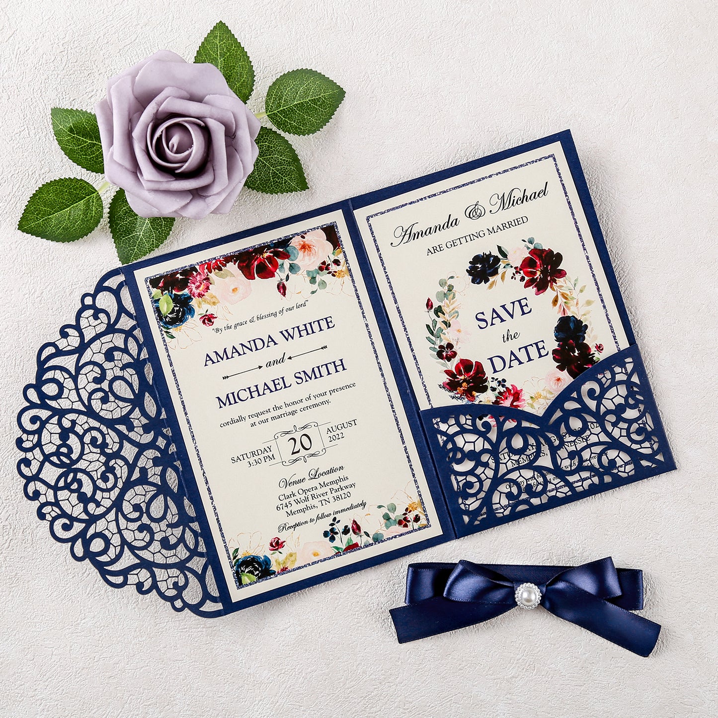 4.7 x7 inch Blue Laser Cut Hollow Rose Wedding Invitations Cards with Envelopes for Wedding Party