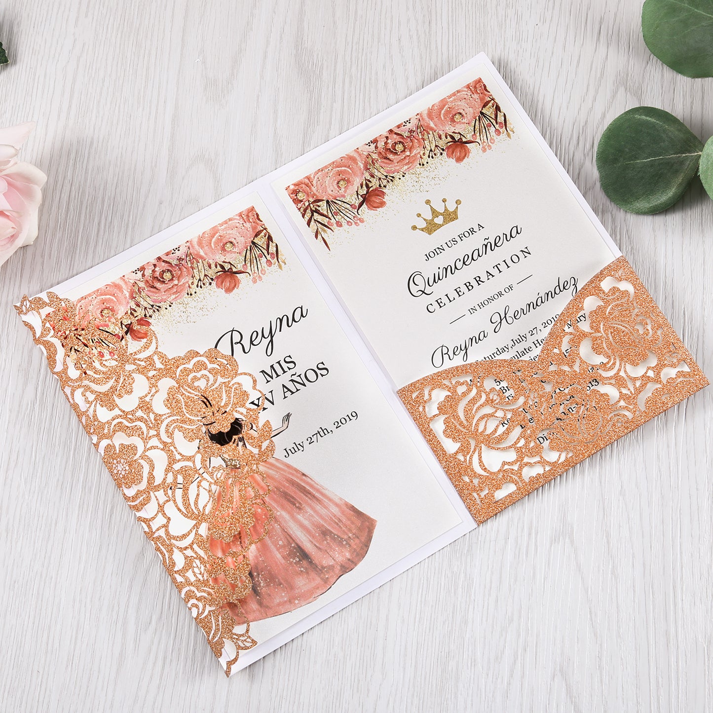 4.7 x7 inch Bronze Glitter Laser Cut Hollow Rose Quinceanera Invitations Cards with Envelopes