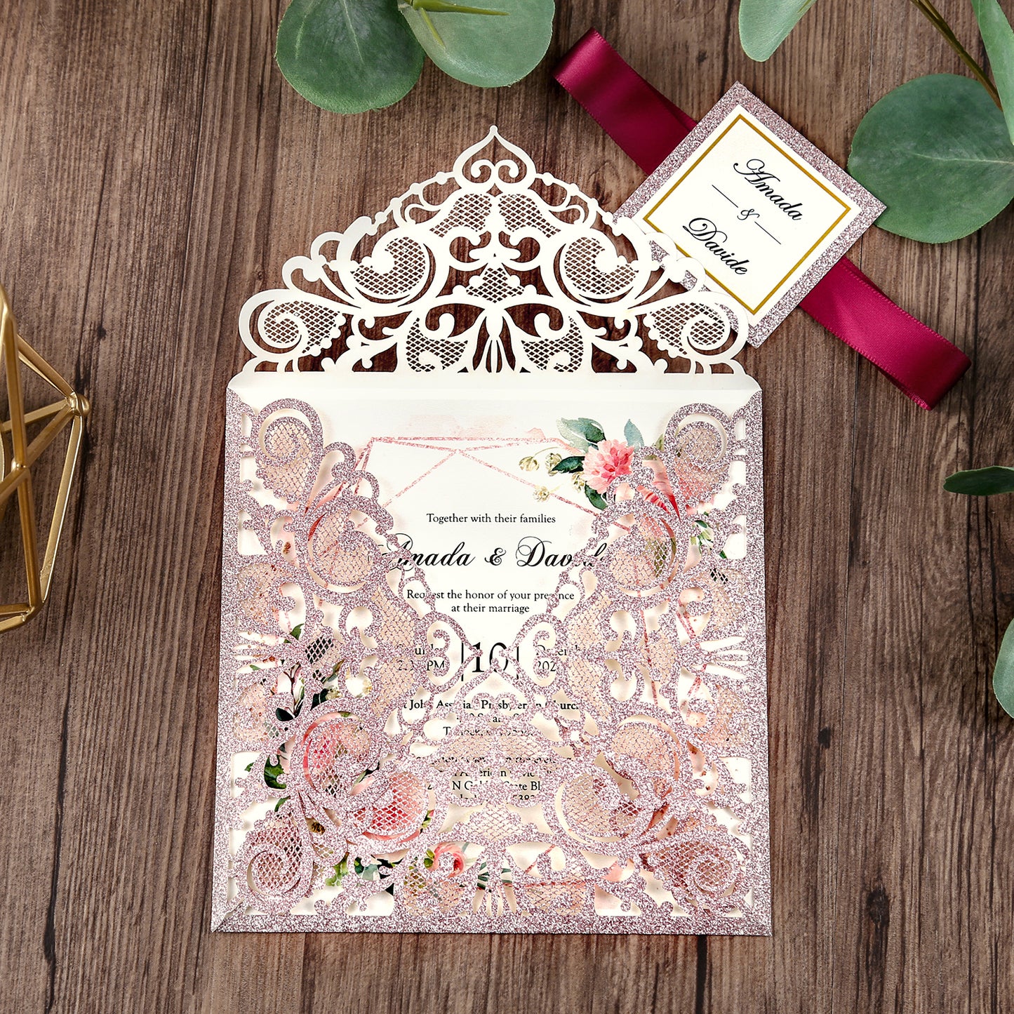 Square Rose Gold Glitter Wedding Invitations with Glitter Belly Band for Wedding - DorisHome