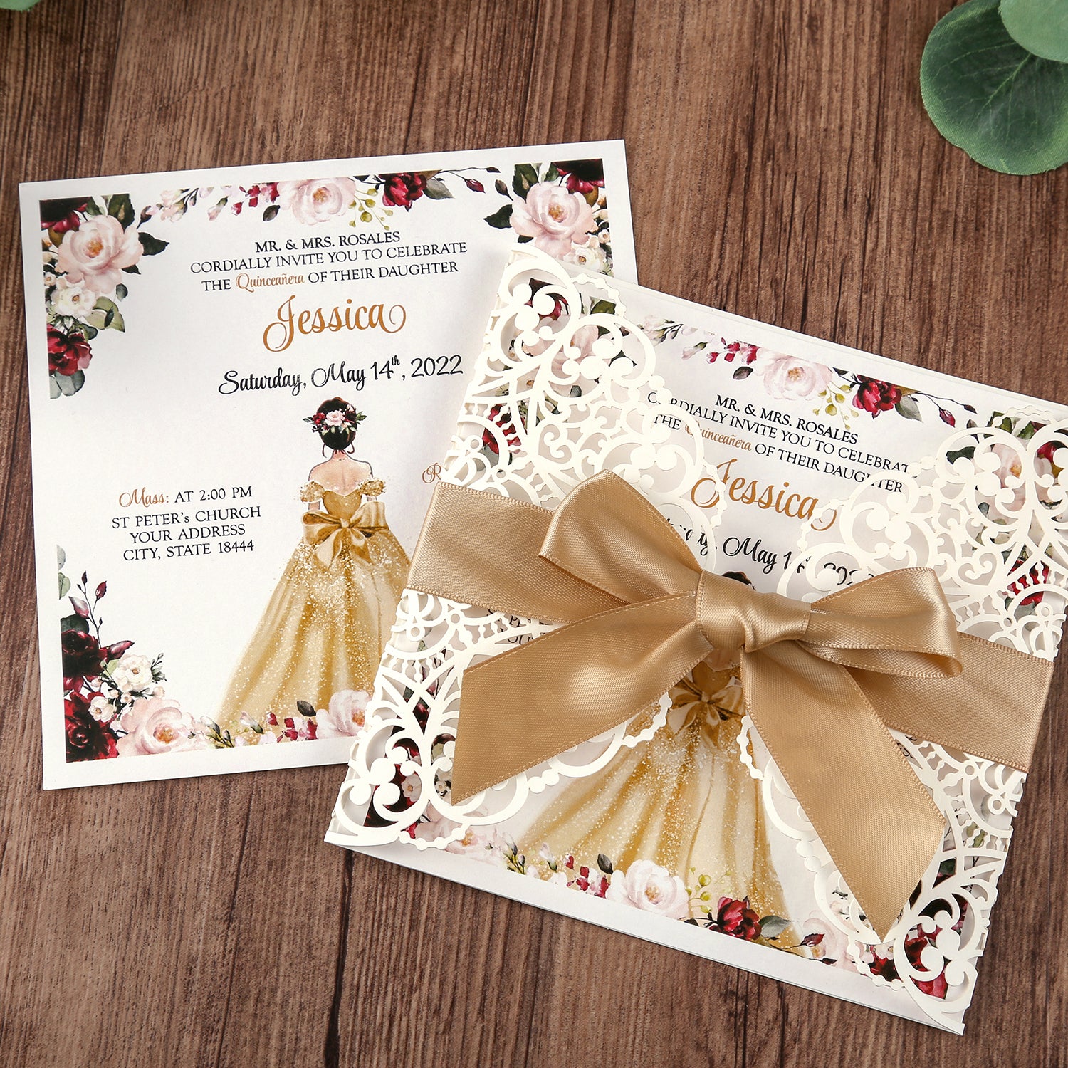 Square Wedding Invitations Cards with Gold Ribbon For Quinceanera - DorisHome