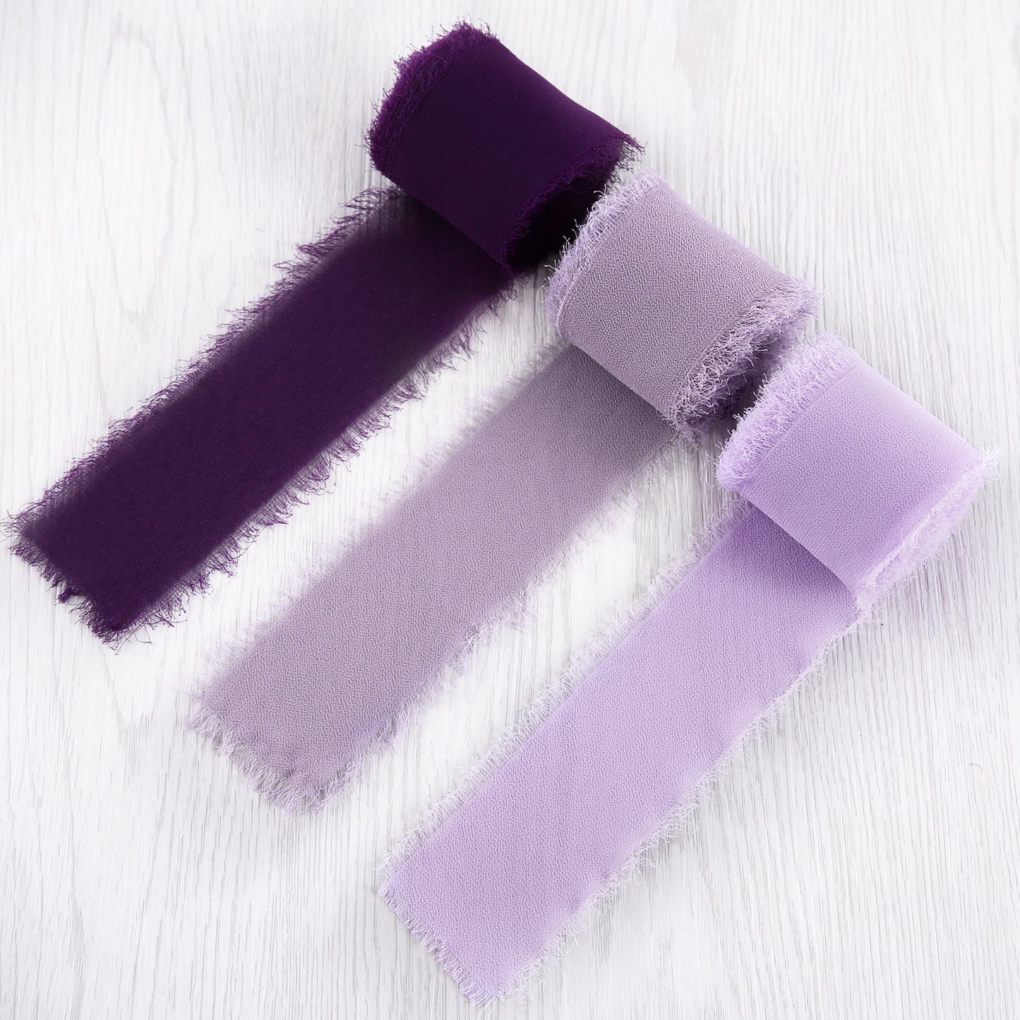 Handmade Fringe Chiffon Silk-Like Ribbon 2" x 7Yd Set of 3 Rolls Ribbons for Wedding Invitations, Bouquets, Gift Wrapping (3 Rolls Plum/Pastel Purple/Lavender)