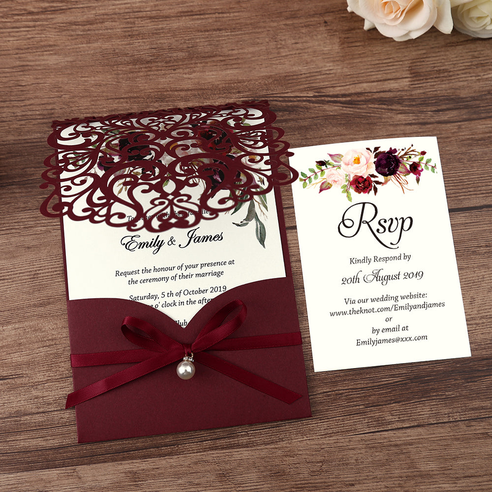 Burgundy Floral Laser cut invitation cards with ribbon bellyb band and pearl for wedding - DorisHome