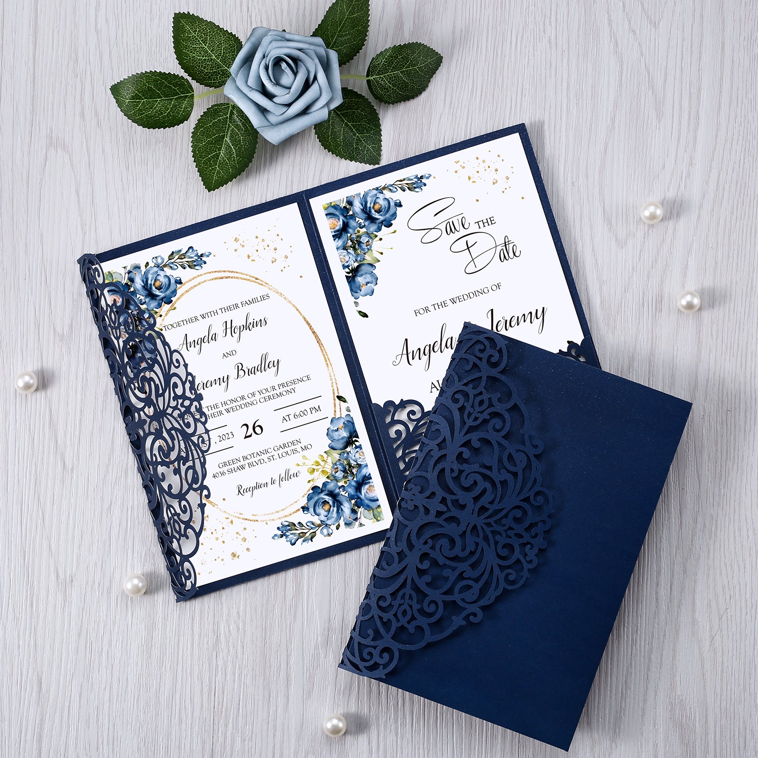 4.7 x7 inch Blue Laser Cut Hollow Rose Wedding Invitations Cards with Envelopes for Wedding Party - DorisHome