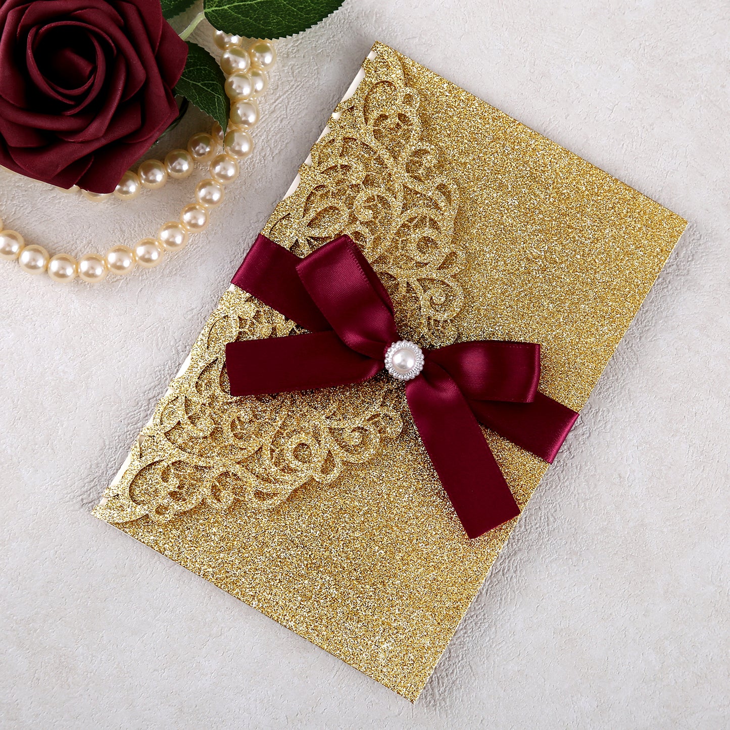 4.7 x7 inch Gold Glitter Laser Cut Hollow Rose Wedding Invitations Cards with Envelopes for Wedding Party