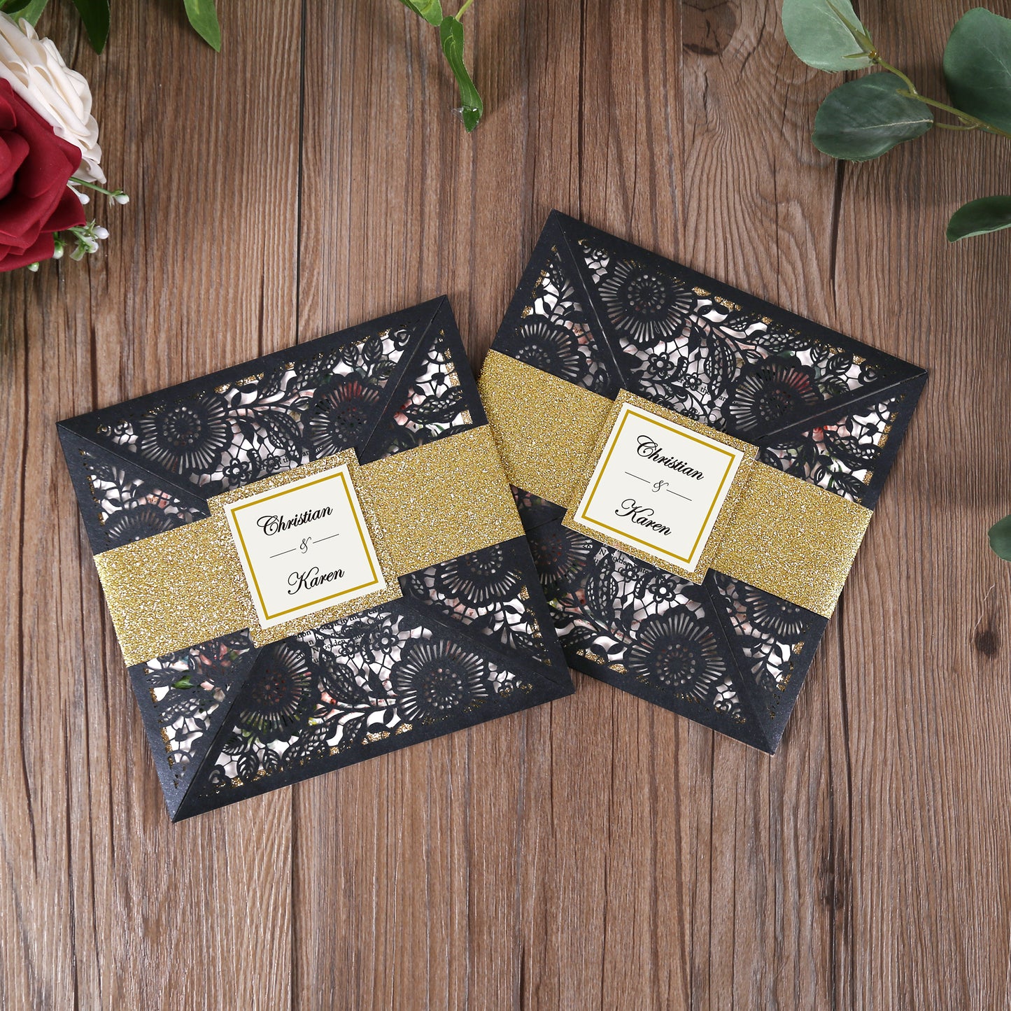 Square Black Lase-cut Lace Flower Pattern Wedding Invitations