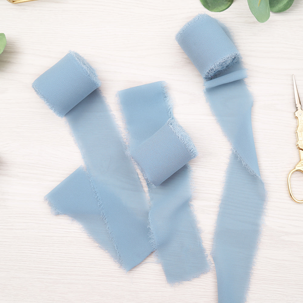 Handmade Fringe Chiffon Silk-Like Ribbon 2" x 7Yd Set of 3 Rolls Ribbons for Wedding Invitations, Bouquets, Gift Wrapping (3 Rolls Dusty Blue) - DorisHome