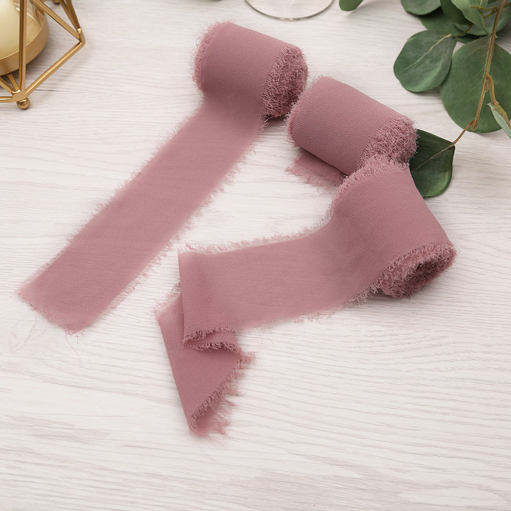 Handmade Fringe Chiffon Silk-Like Ribbon 2" x 7Yd Set of 3 Rolls Ribbons for Wedding Invitations, Bouquets, Gift Wrapping (3 Rolls Mauve) - DorisHome