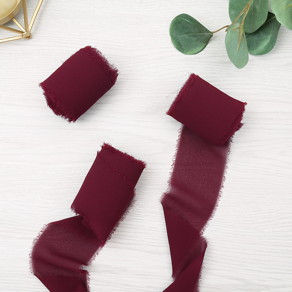 Handmade Fringe Chiffon Silk-Like Ribbon 2" x 7Yd Set of 3 Rolls Ribbons for Wedding Invitations, Bouquets, Gift Wrapping (3 Rolls Burgundy) - DorisHome