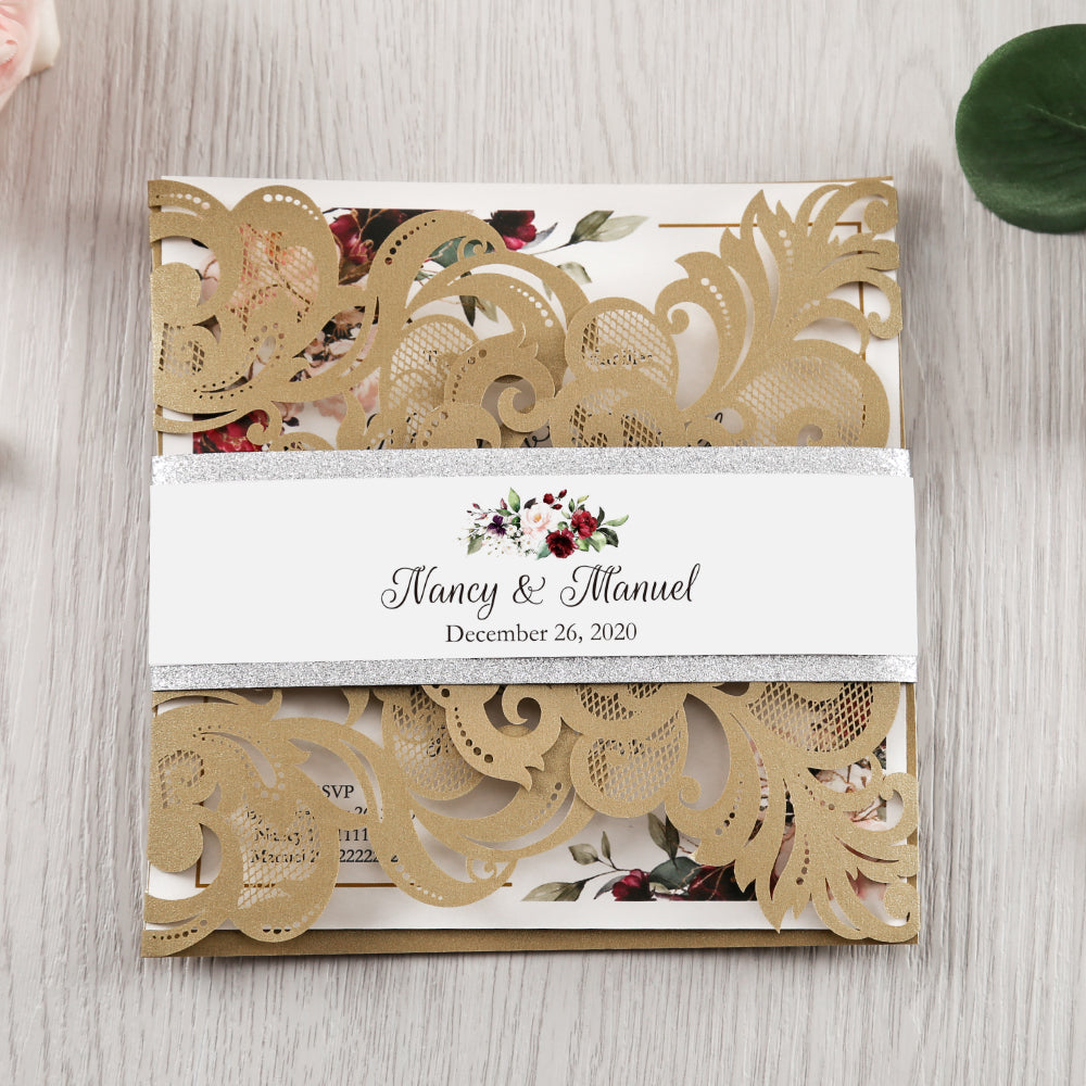 Square Gold Wedding Invitations with Belly Band for Wedding, Bridal Shower, Dinner - DorisHome