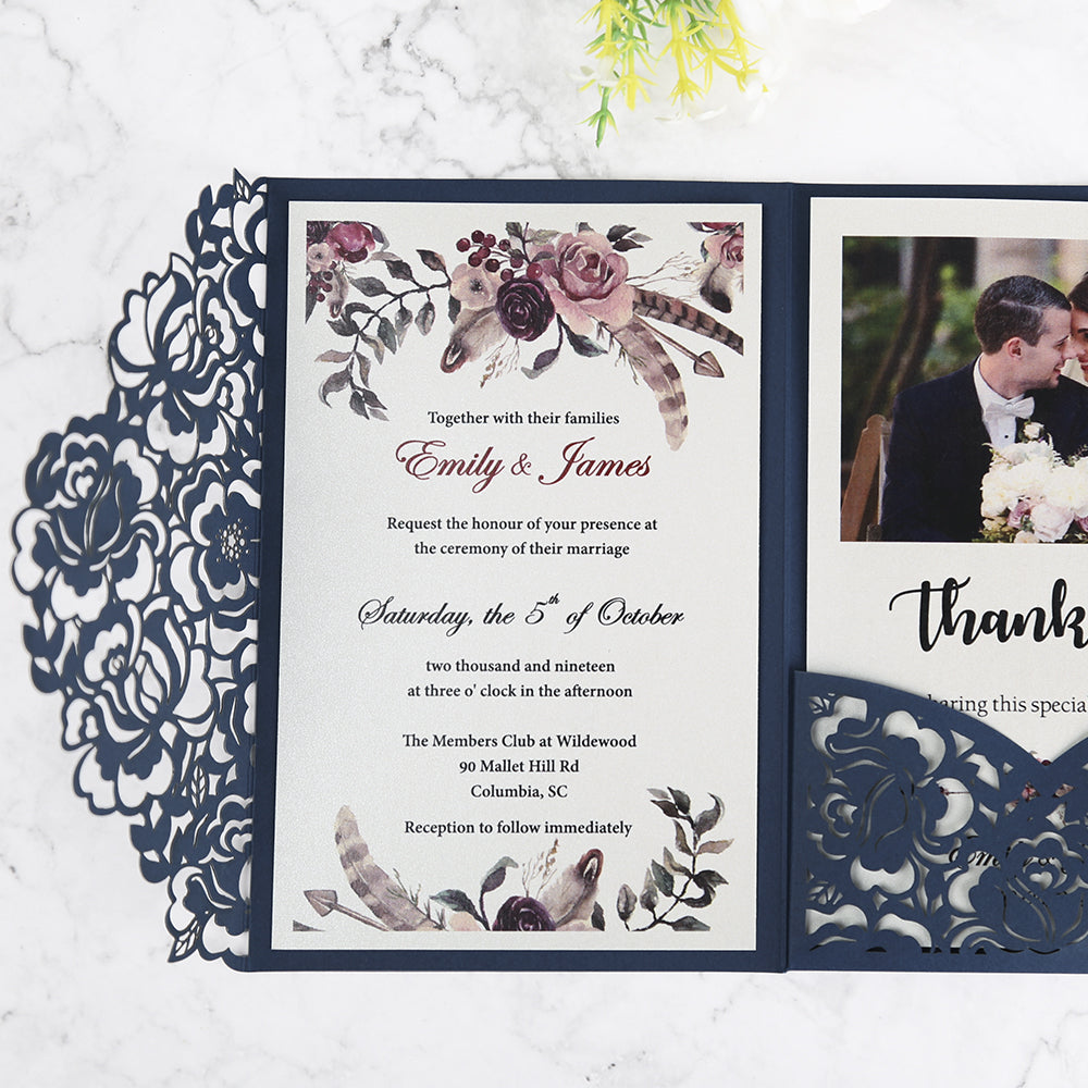 Blue Floral Laser cut invitation cards for Wedding, Anniversary - DorisHome