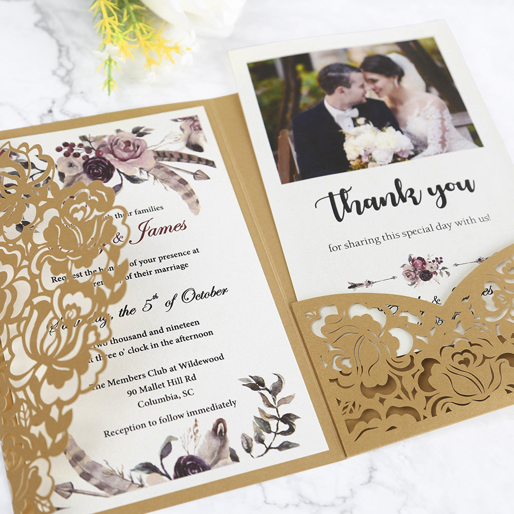 Gold Floral Laser cut invitation cards for Wedding, Anniversary - DorisHome