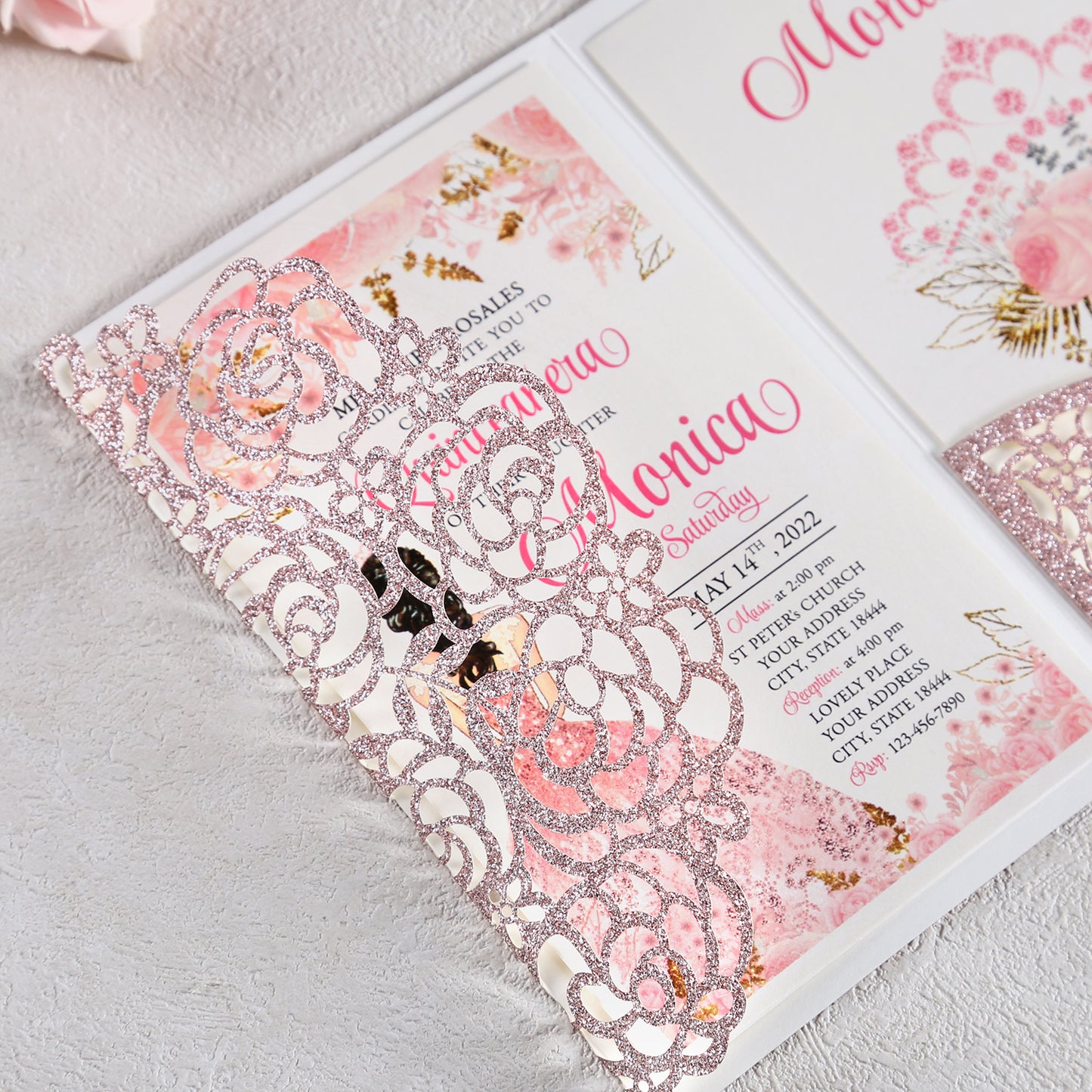 4.7 x7 inch Rose Gold Glitter Laser Cut Hollow Rose Wedding Invitations Cards with Glitter Pockets and Envelopes for Quincenera Birthday Party - DorisHome