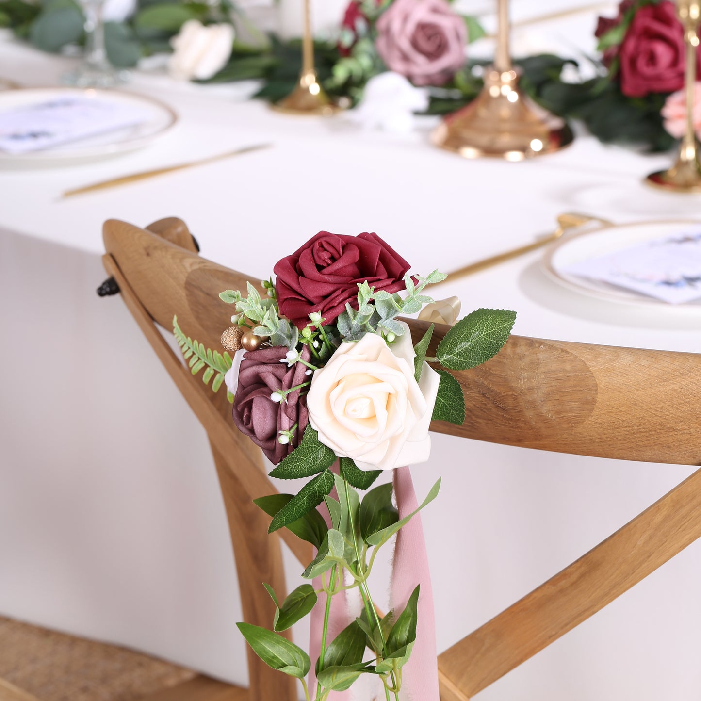 Wedding Aisle Decorations Mauve Burgundy Pew Flowers Set of 10 for Wedding Ceremony Party Chair Decor with Artificial Flowers Eucalyptus and Ribbons