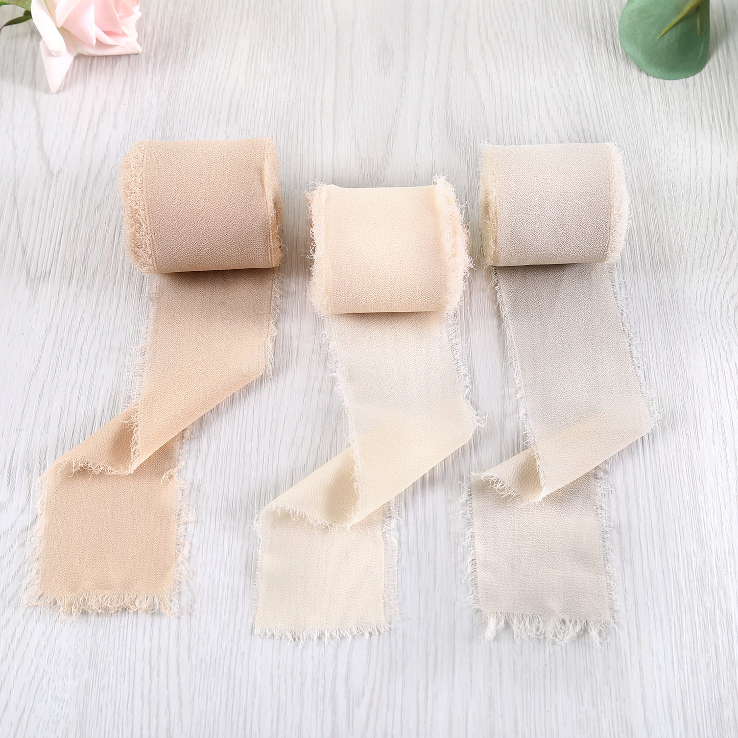Handmade Fringe Chiffon Silk-Like Ribbon 2" x 7Yd Set of 3 Rolls Ribbons for Wedding Invitations, Bouquets, Gift Wrapping (3 Rolls Nude/Cream/Sand Color)