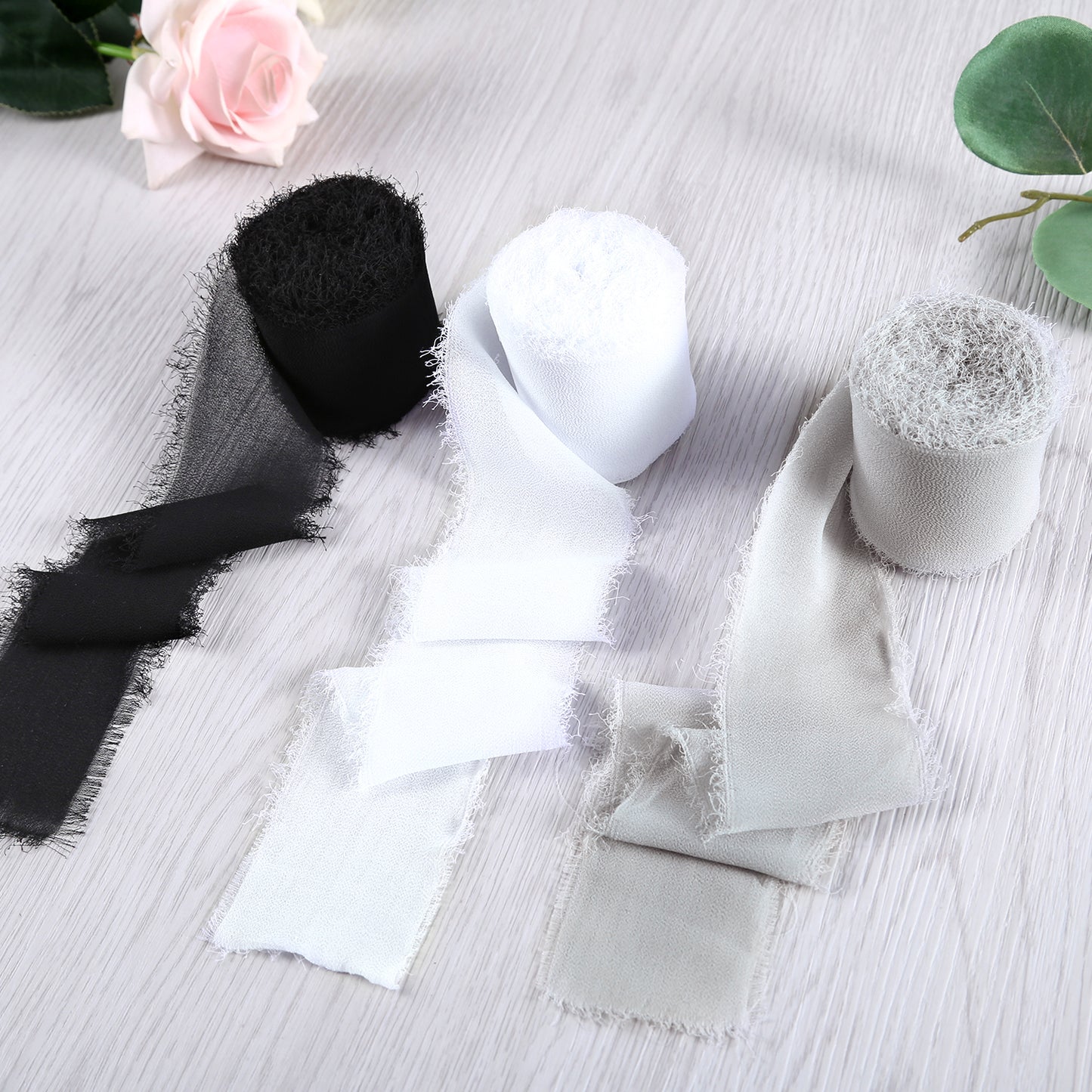 Handmade Fringe Chiffon Silk-Like Ribbon 2" x 7Yd Set of 3 Rolls Ribbons for Wedding Invitations, Bouquets, Gift Wrapping (3 Rolls Black/White/Light Grey)