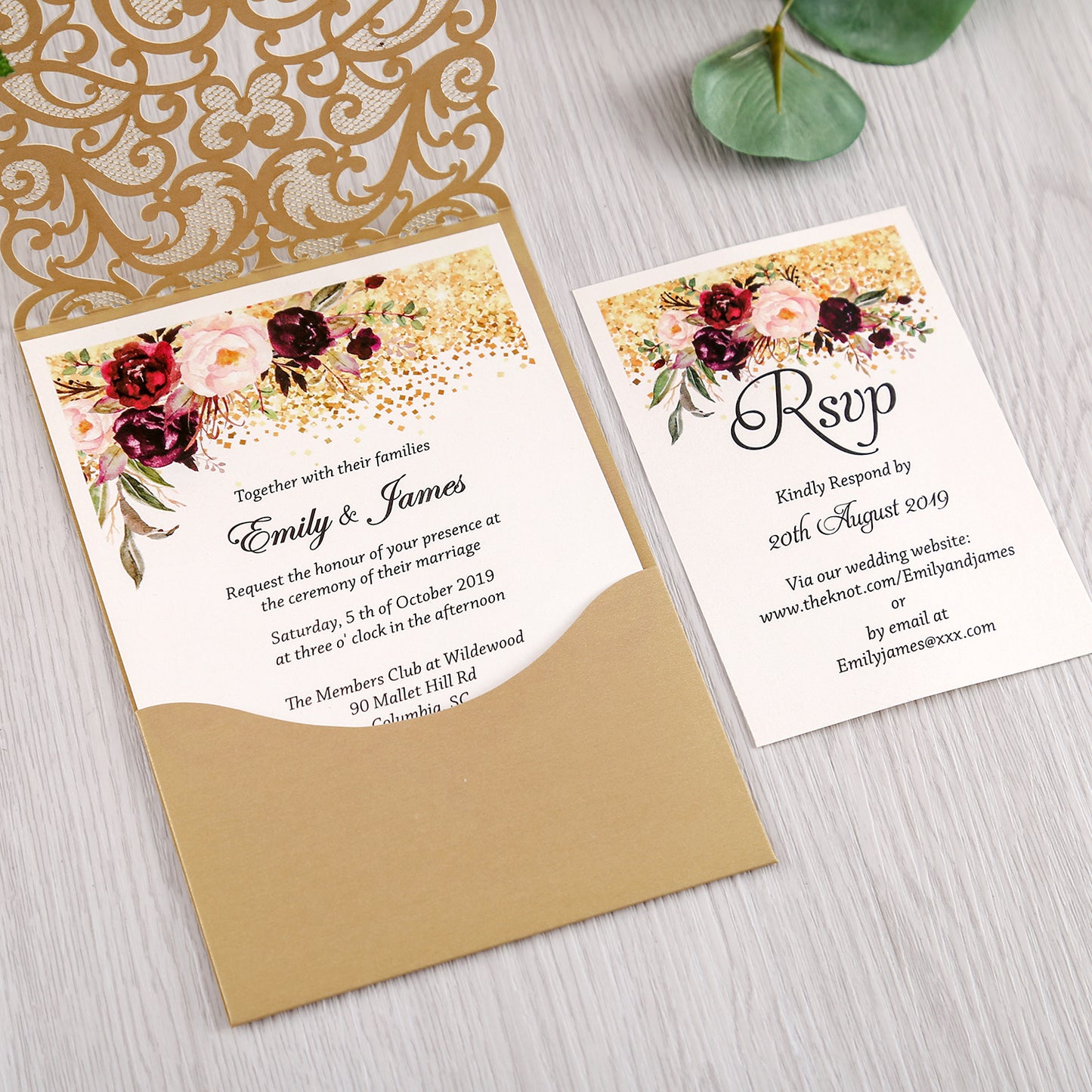 Gold Wedding Invitation With Rhinestone & Laser Cut Flower