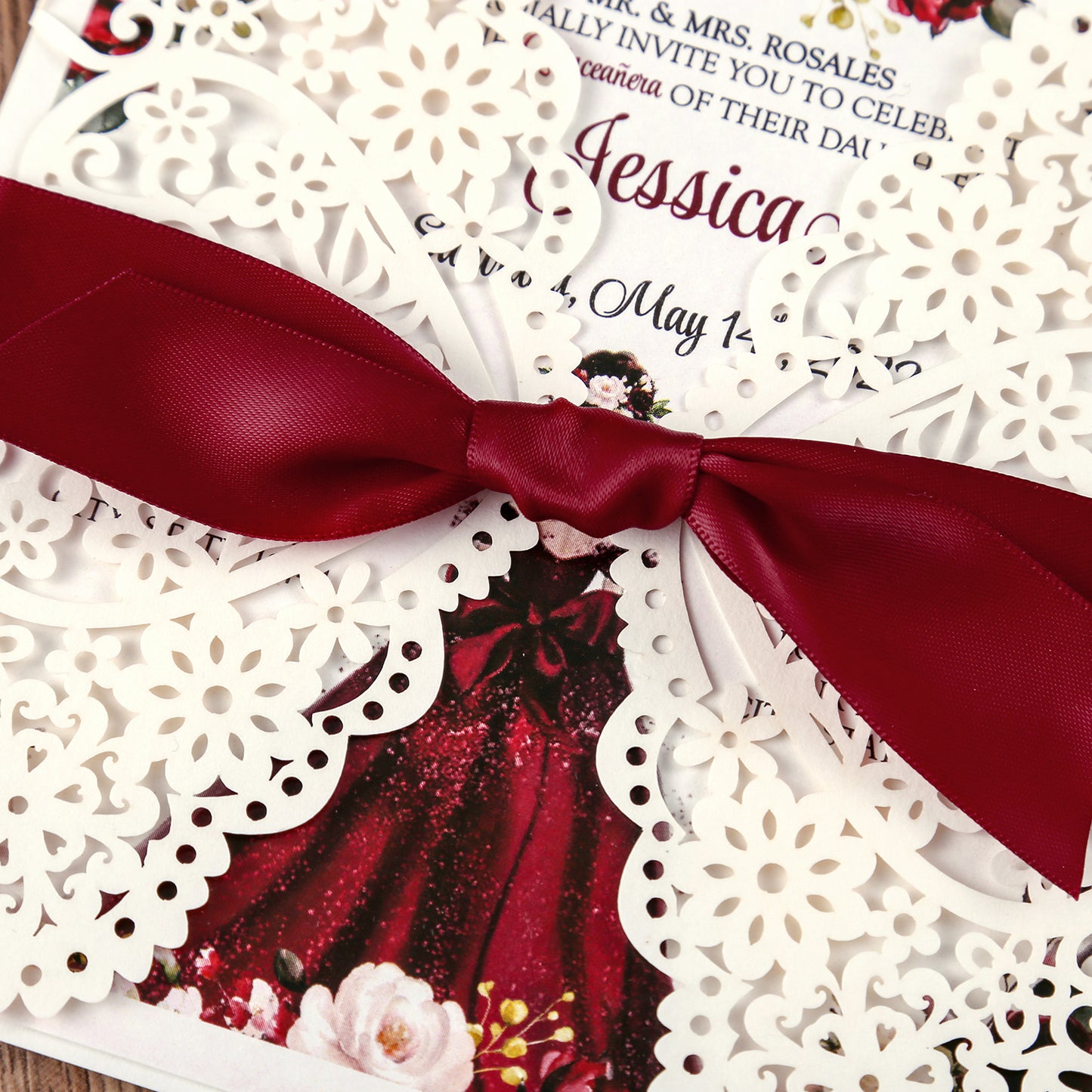 Square Invitations Cards With Burgundy Ribbon For Quinceanera - DorisHome