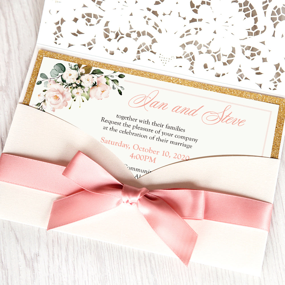 White Hollow Flora Laser Cut Invitations with Gold Glitter Border and Pink Ribbons for wedding,bridal shower - DorisHome