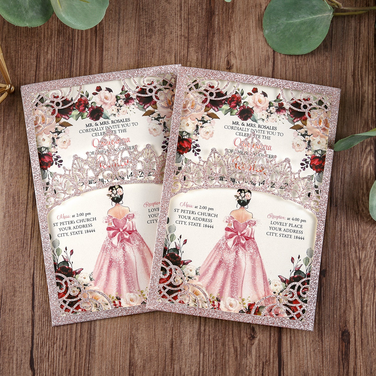 Rose Gold Glitter Invitations Greeting Cards For Quinceanera - DorisHome