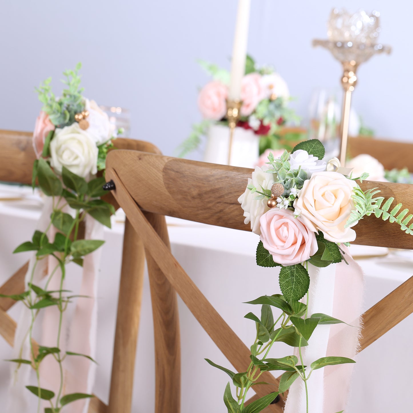 Wedding Aisle Decorations Pink Pew Flowers Set of 10 for Wedding Ceremony Party Chair Decor with Artificial Flowers Eucalyptus and Ribbons