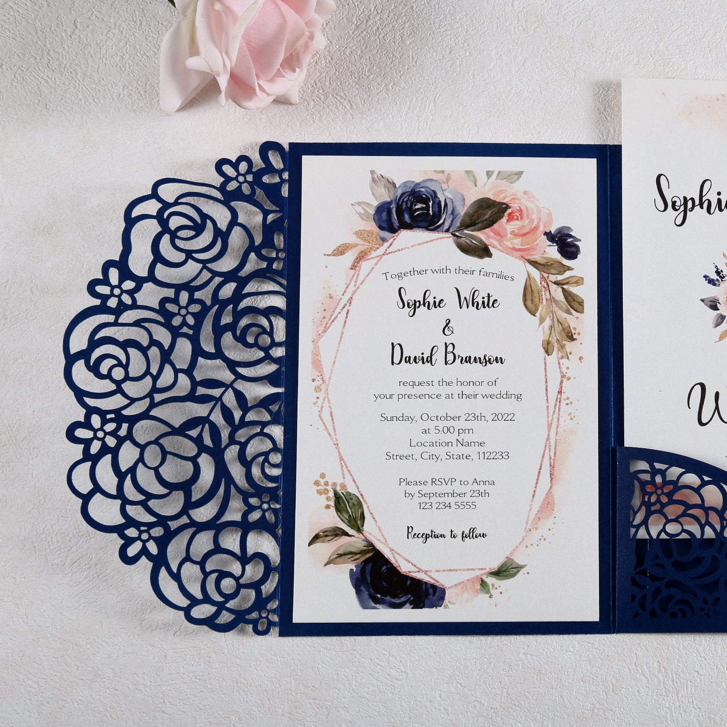 4.7 x7 inch Blue Laser Cut Hollow Rose Wedding Invitations Cards with Pearlized Pockets and Envelopes for Wedding Bridal Shower - DorisHome