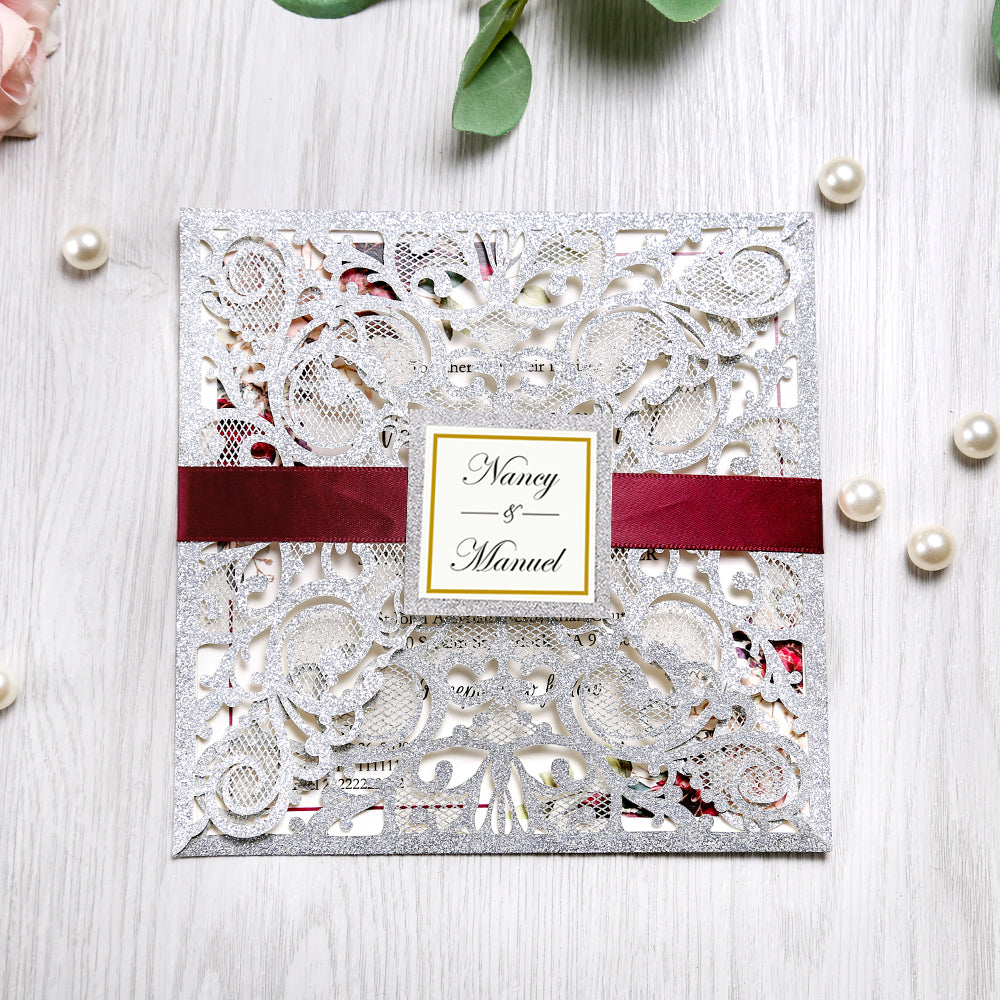 Square Glitter Sliver Wedding Invitations with Burgundy Ribbon Belly Band for Wedding - DorisHome