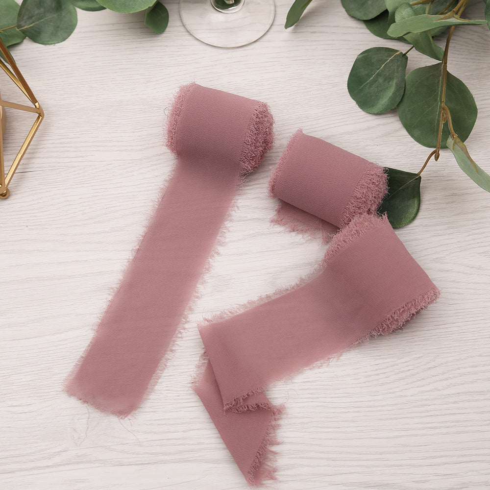 Handmade Fringe Chiffon Silk-Like Ribbon 2" x 7Yd Set of 3 Rolls Ribbons for Wedding Invitations, Bouquets, Gift Wrapping (3 Rolls Mauve) - DorisHome