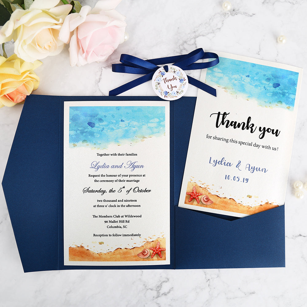 Pocket Blue Wedding Invitations Greeting Cards - DorisHome