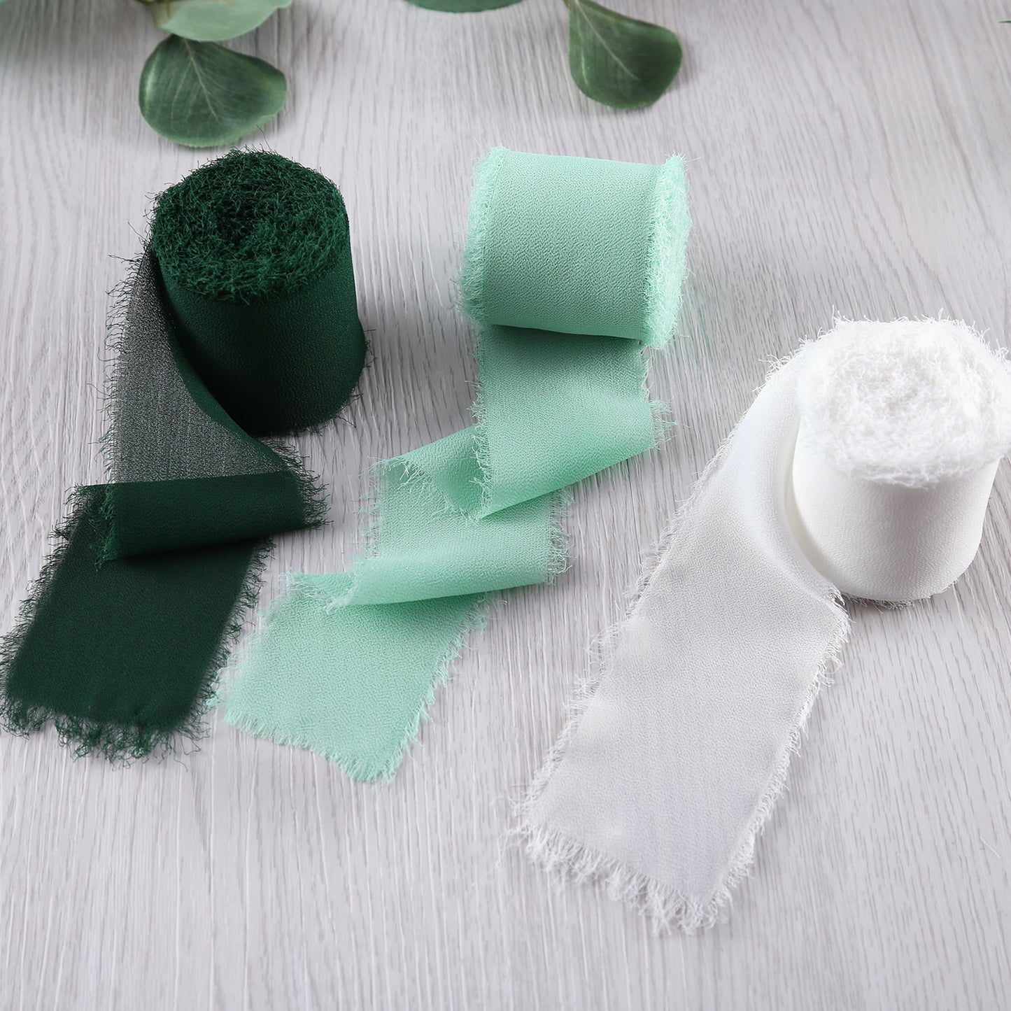 Handmade Fringe Chiffon Silk-Like Ribbon 2" x 7Yd Set of 3 Rolls Ribbons for Wedding Invitations, Bouquets, Gift Wrapping (3 Rolls Dark Green/Mint/Ivory)