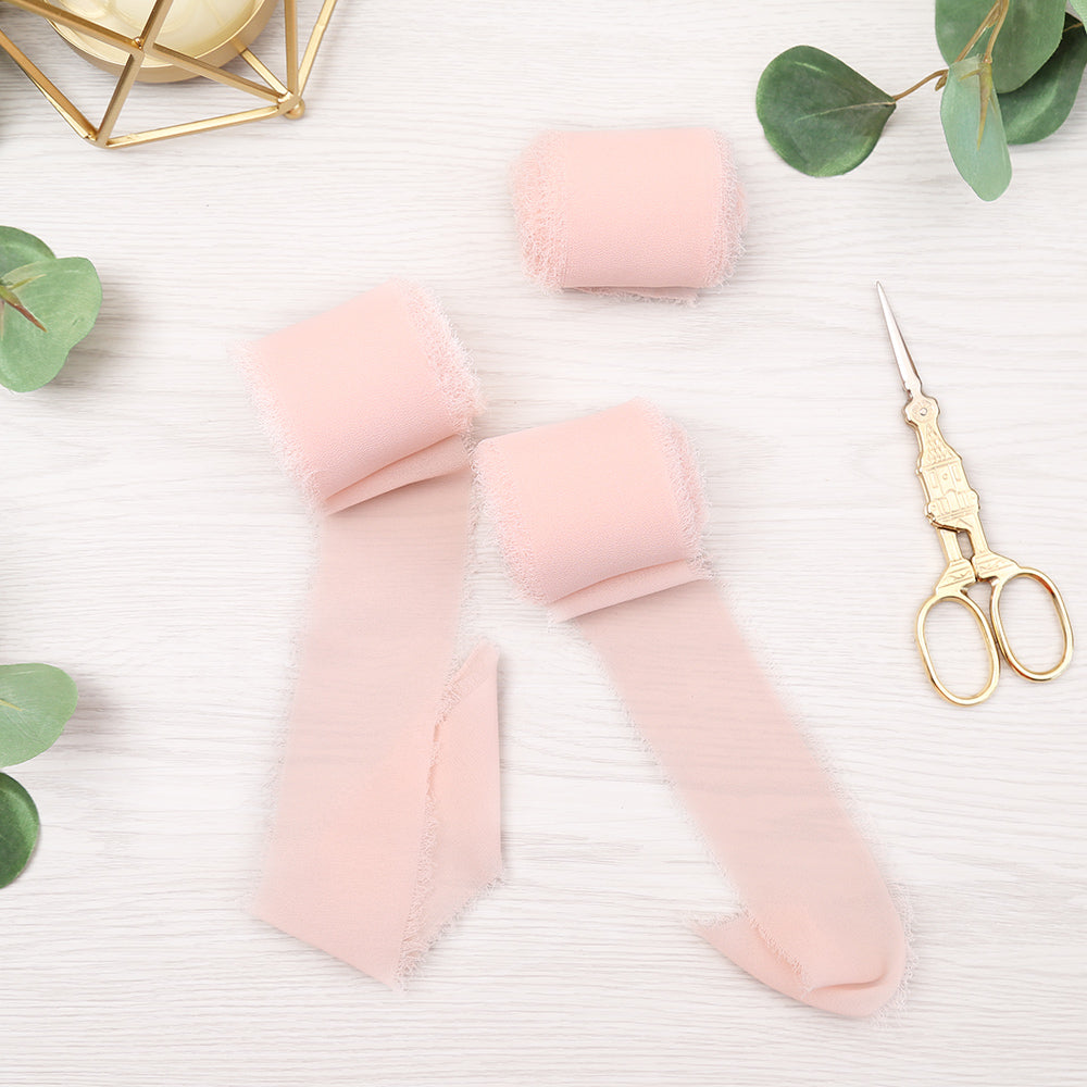 Handmade Fringe Chiffon Silk-Like Ribbon 2" x 7Yd Set of 3 Rolls Ribbons for Wedding Invitations, Bouquets, Gift Wrapping (3 Rolls Pink) - DorisHome