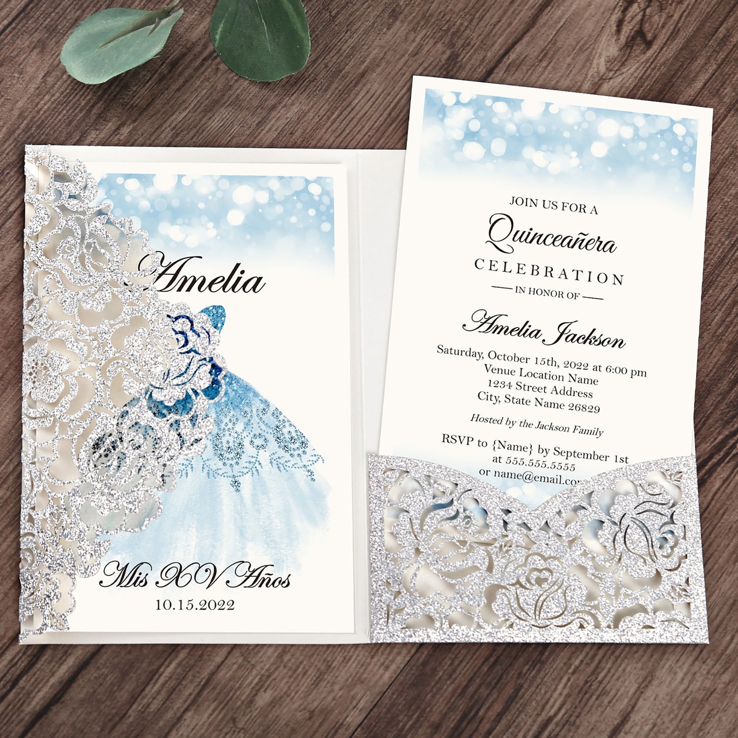 Glitter Silver Floral Laser cut invitation cards for Quinceanera
