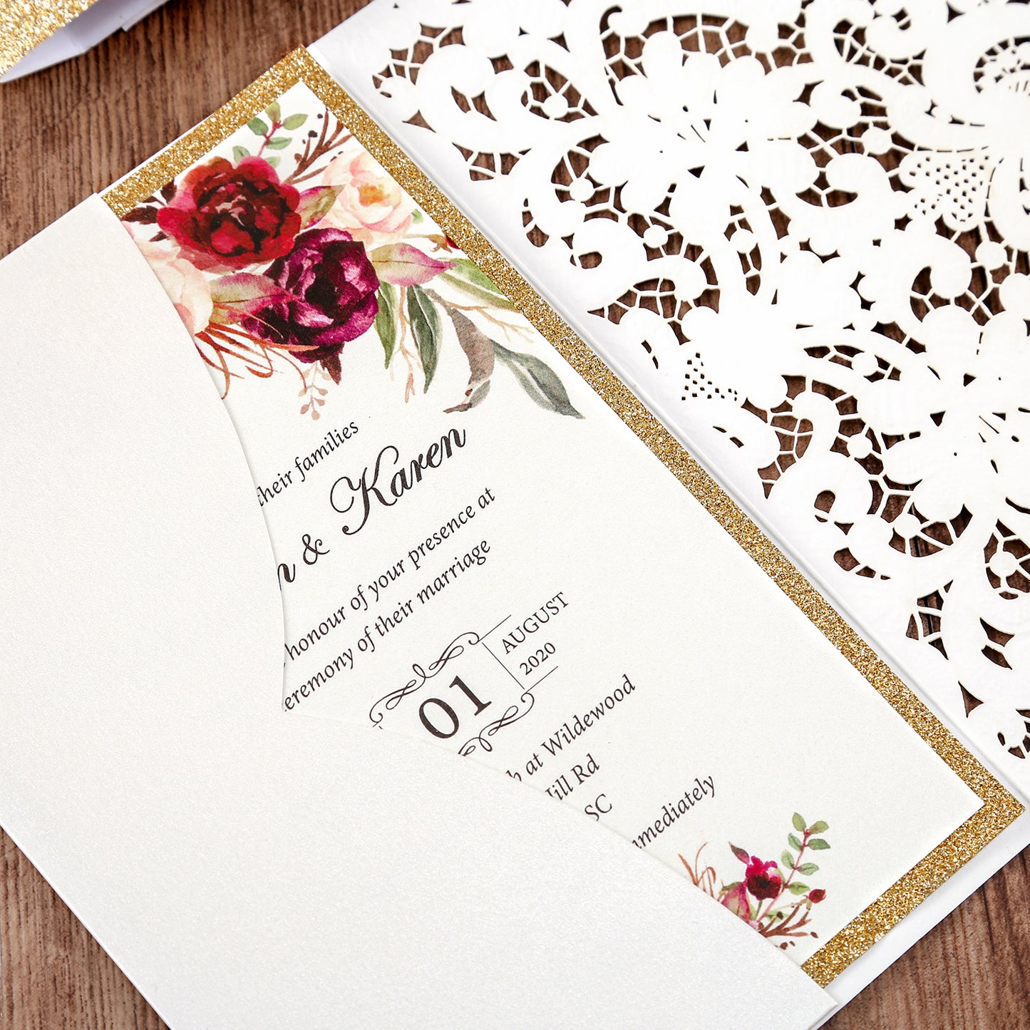 White Hollow Flora Laser Cut Invitations with Gold Glitter Border and Glitter Belly Band for wedding,bridal shower