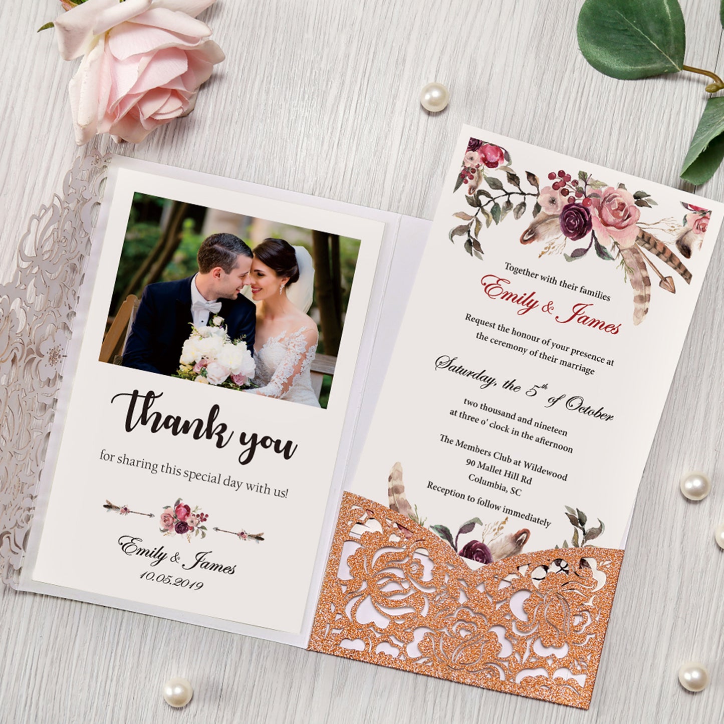 4.7 x7 inch Bronze Glitter Laser Cut Hollow Rose Wedding Invitations Cards with Envelopes